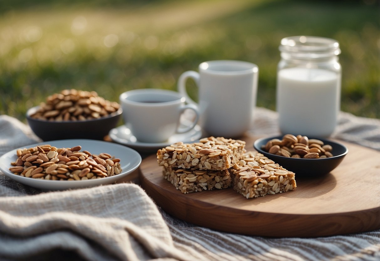 A serene outdoor yoga setting with granola bars and lightweight food options laid out on a picnic blanket. The scene is peaceful and inviting, with nature in the background