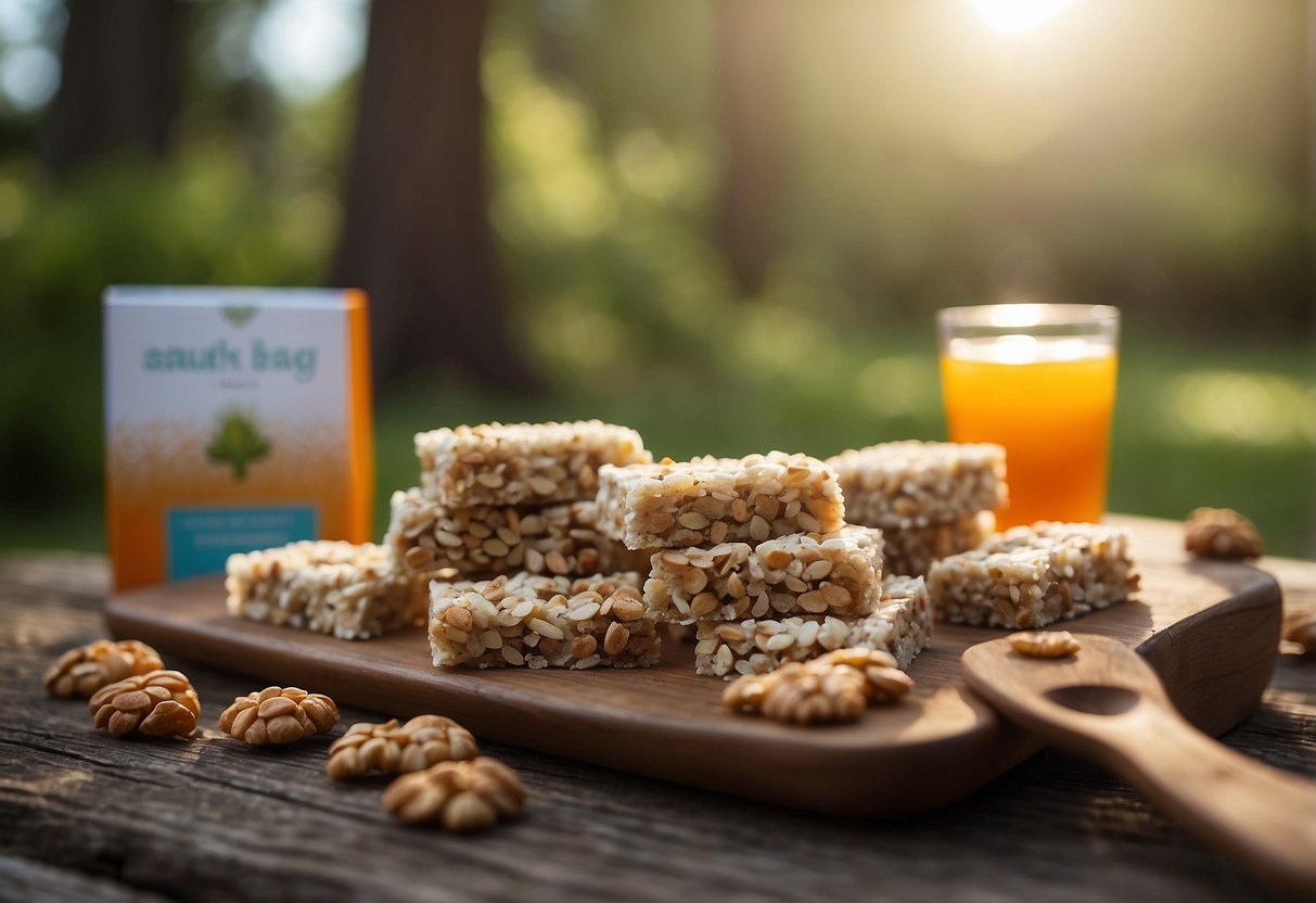 A serene outdoor yoga setting with Nature's Path EnviroKidz Crispy Rice Bars displayed alongside other lightweight food options