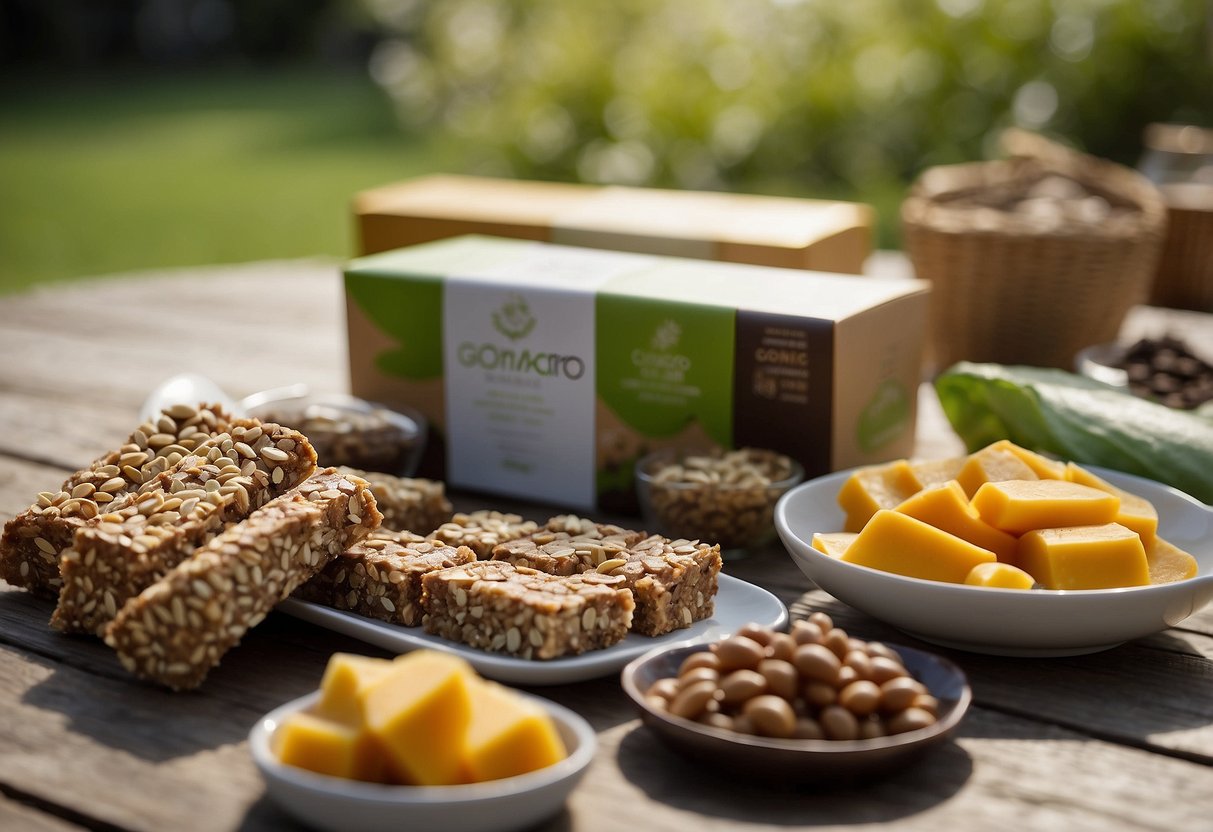 A tranquil outdoor yoga setting with a variety of lightweight food options laid out, including GoMacro MacroBar Organic Vegan Protein Bars