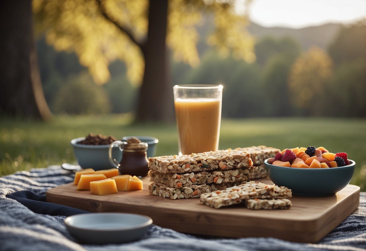 A serene outdoor setting with yoga mat, Clif Bar Energy Bars, and lightweight food options displayed on a picnic blanket. Surrounding scenery suggests a peaceful outdoor yoga trip