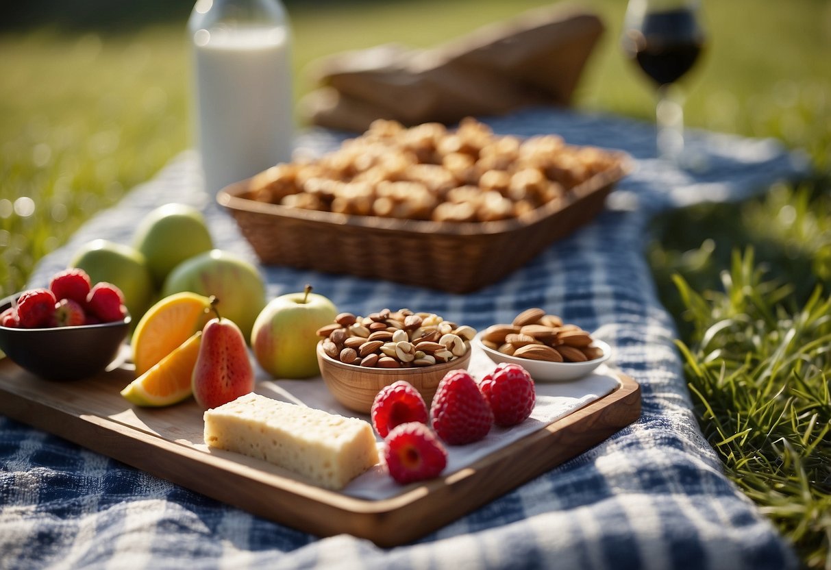 A serene outdoor yoga session with a spread of lightweight, nutritious snacks like fruits, nuts, and energy bars laid out on a picnic blanket