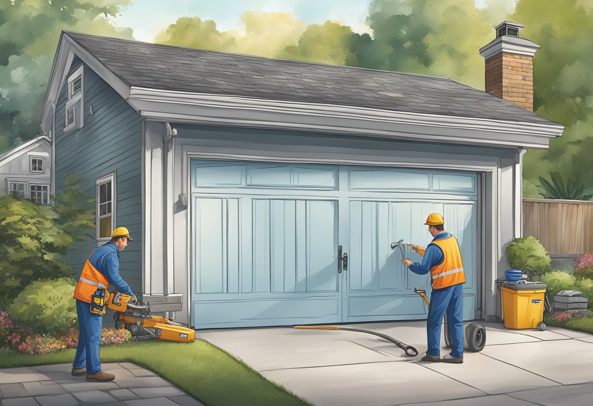 A technician in uniform swiftly repairs a garage door, tools in hand, while a concerned homeowner looks on