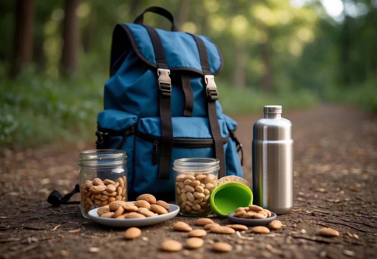 A backpack open on the ground, filled with lightweight food items like nuts, dried fruit, energy bars, and trail mix. A small container of peanut butter and a collapsible water bottle are also included