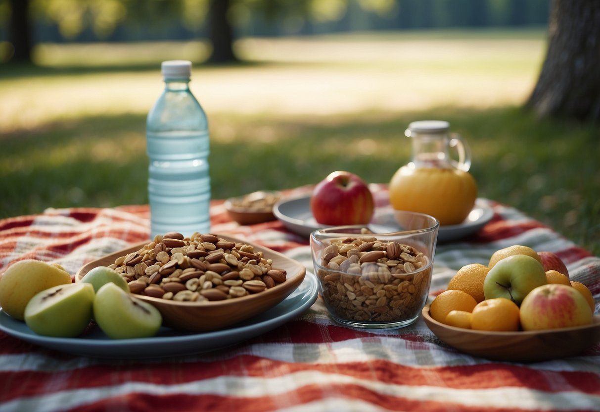 A picnic blanket with fruits, nuts, granola, and energy bars spread out. A water bottle and yoga mat nearby. Outdoor scenery in the background