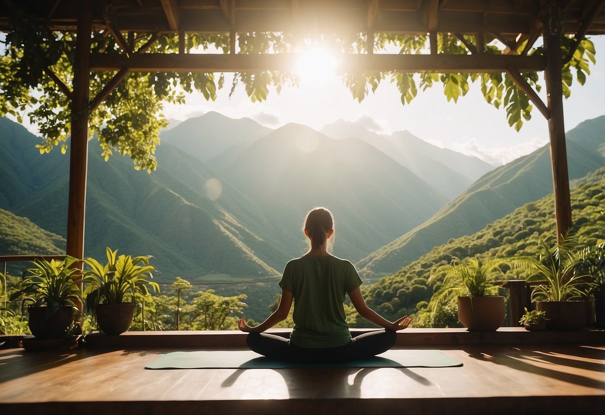 Lush green mountains, winding rivers, and vibrant flora surround a serene yoga practice space in South America. The sun casts a warm glow as the yogi flows through their practice in harmony with nature