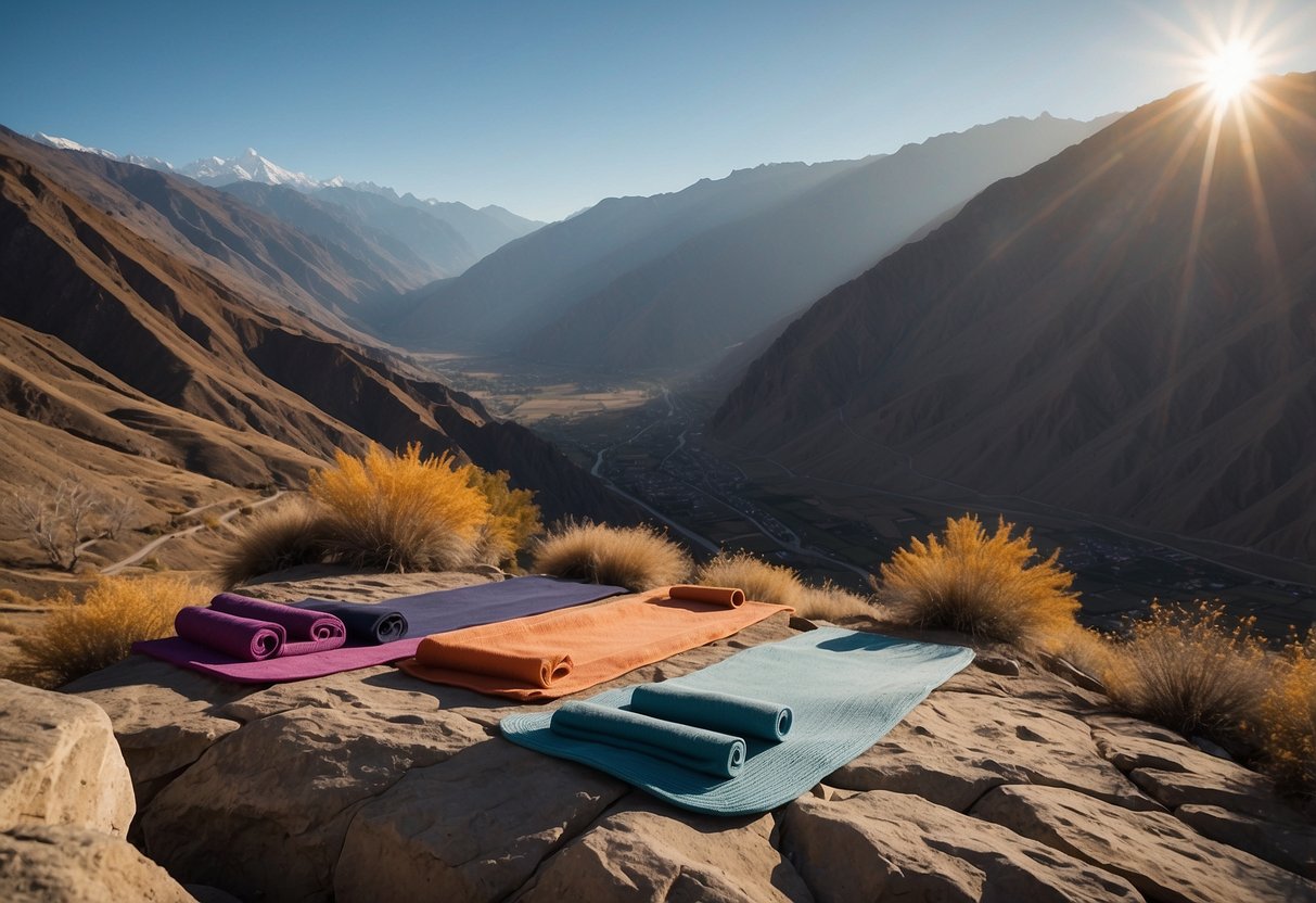 Sunrise over Colca Canyon, Peru. Yoga mats laid out on a rocky outcrop, surrounded by towering Andean peaks and the rushing Colca River