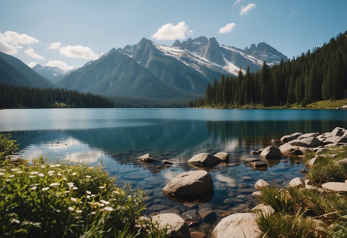 Snow-capped mountains surround a serene lake, reflecting the clear blue sky. Lush green forests and rocky terrain create a picturesque setting for outdoor yoga