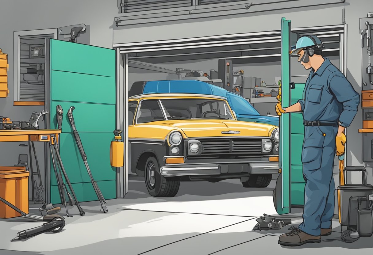 A technician inspects a garage door in Queens, NY, tightening bolts and lubricating hinges. Tools and spare parts are neatly organized nearby