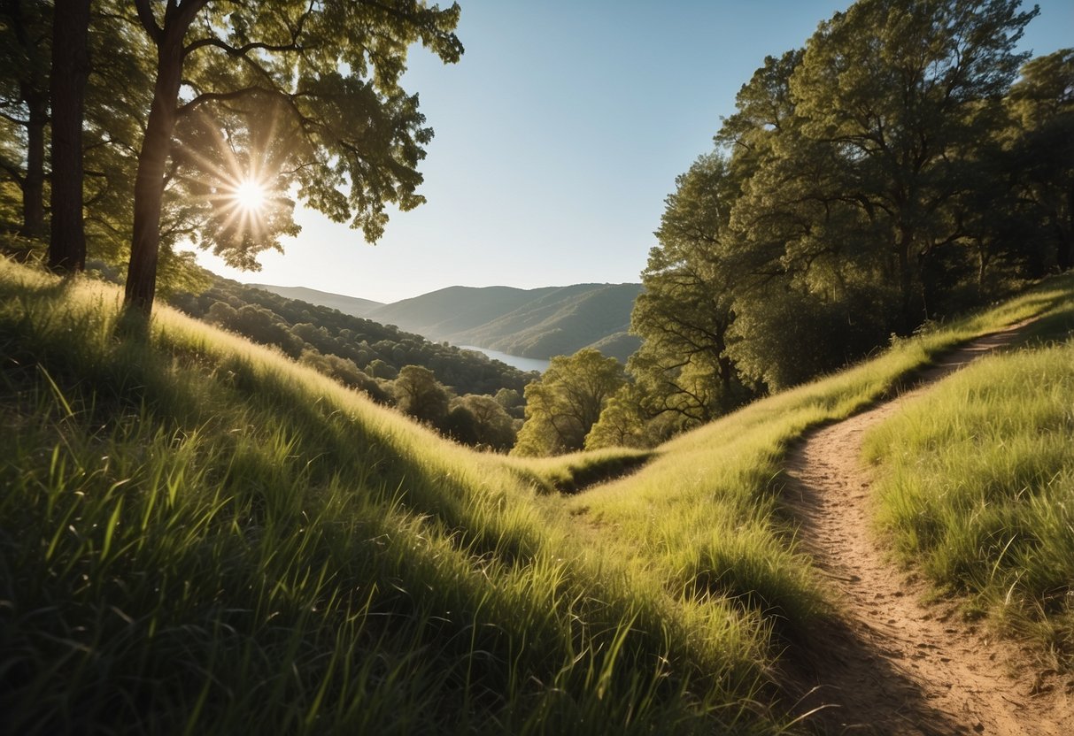 A serene landscape with lush greenery, rolling hills, and a clear blue sky. A peaceful river flows nearby as the sun shines down, creating a tranquil setting for outdoor yoga