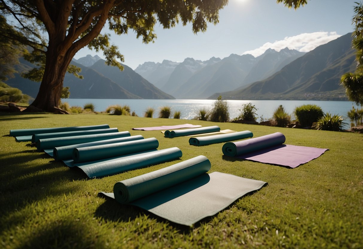 Yoga mats laid out on lush green grass, surrounded by towering Andean mountains and a serene lake. Sunlight filters through the trees, creating a tranquil setting for outdoor yoga practice