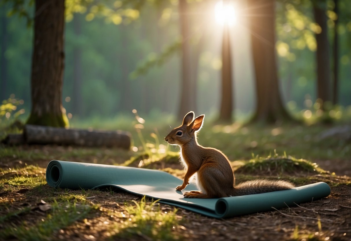 Yoga mat in peaceful forest clearing. Deer grazing nearby. Bird perched on tree branch. Squirrel scampering on ground. Sunlight filtering through leaves. Calm, serene atmosphere