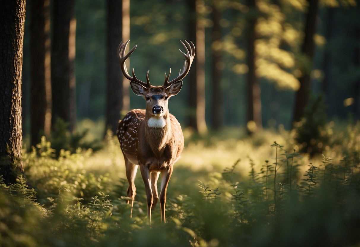 A serene forest clearing, dappled with sunlight, surrounded by tall trees and chirping birds. A calm deer peacefully grazing in the distance