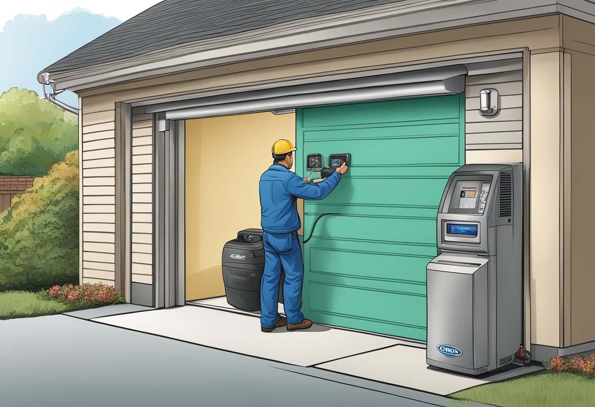 A technician installs a remote control system on a garage door in Queens, NY