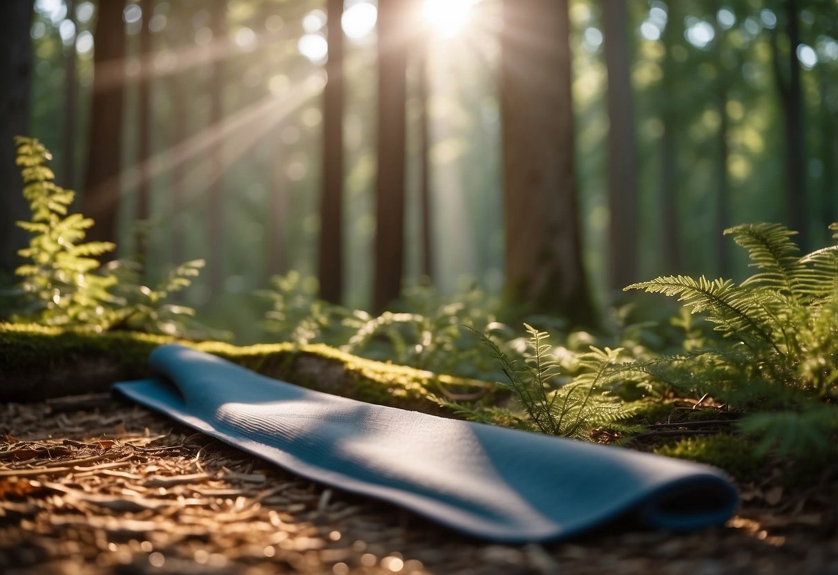 A serene forest clearing with a yoga mat surrounded by curious woodland creatures. The sun filters through the trees, creating a peaceful atmosphere