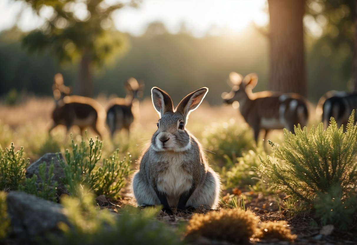 Animals roam freely in a natural setting. A variety of wildlife coexists peacefully in the outdoor yoga space. Lush vegetation and clear skies provide a serene backdrop for observing local animals