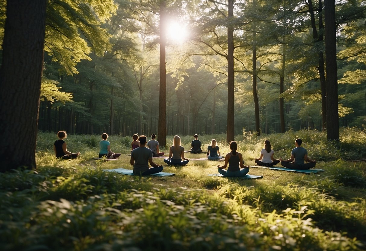 A serene forest clearing with a variety of local wildlife, including birds, deer, and small mammals, peacefully coexisting as a group practices outdoor yoga