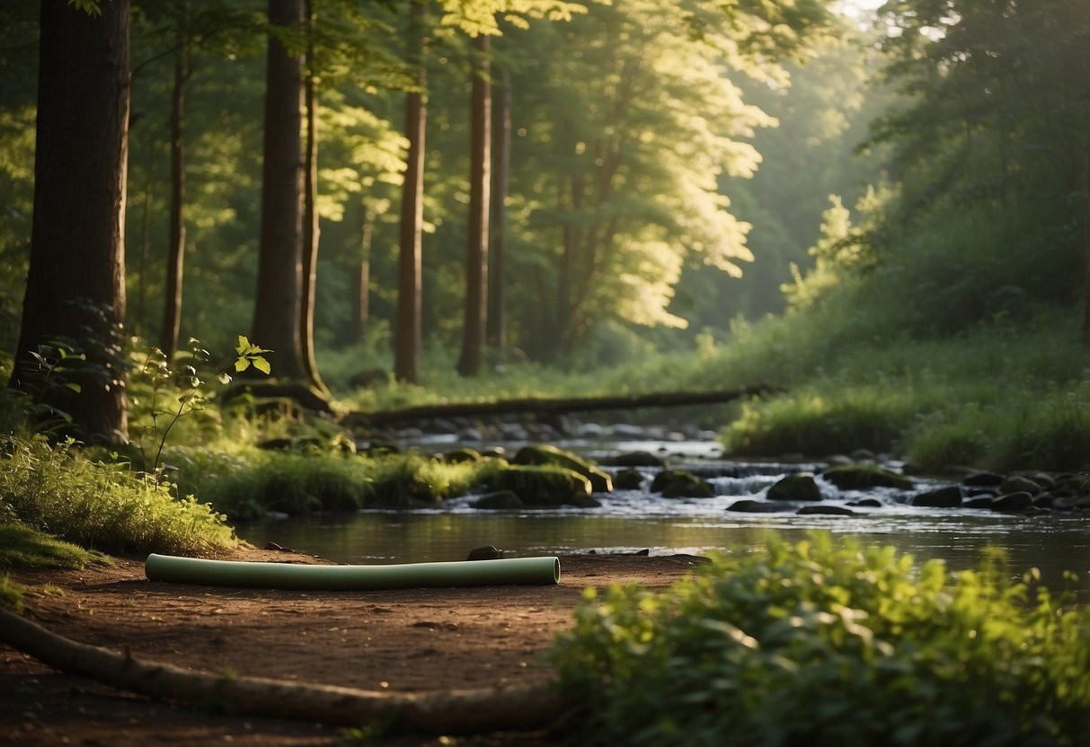 A serene forest clearing with a yoga mat surrounded by lush greenery. A gentle stream flows nearby, and birds chirp in the background. A deer cautiously approaches, curious but respectful