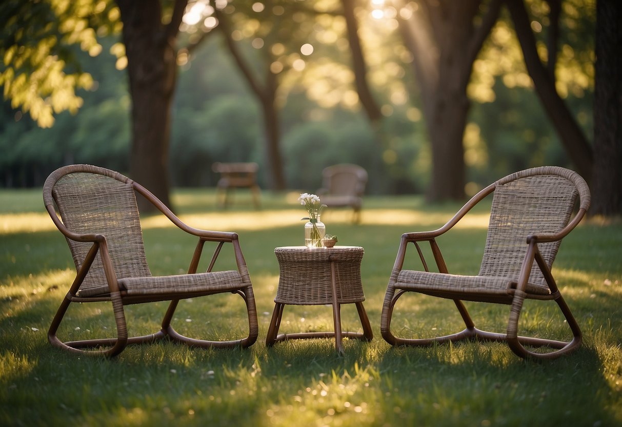 A serene outdoor setting with 5 lightweight yoga chairs arranged in a circle on a grassy patch, surrounded by tall trees and dappled sunlight