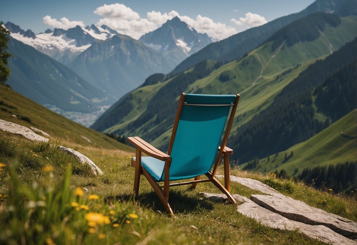 A colorful, lightweight outdoor chair sits on a grassy mountain slope with the majestic Alps in the background