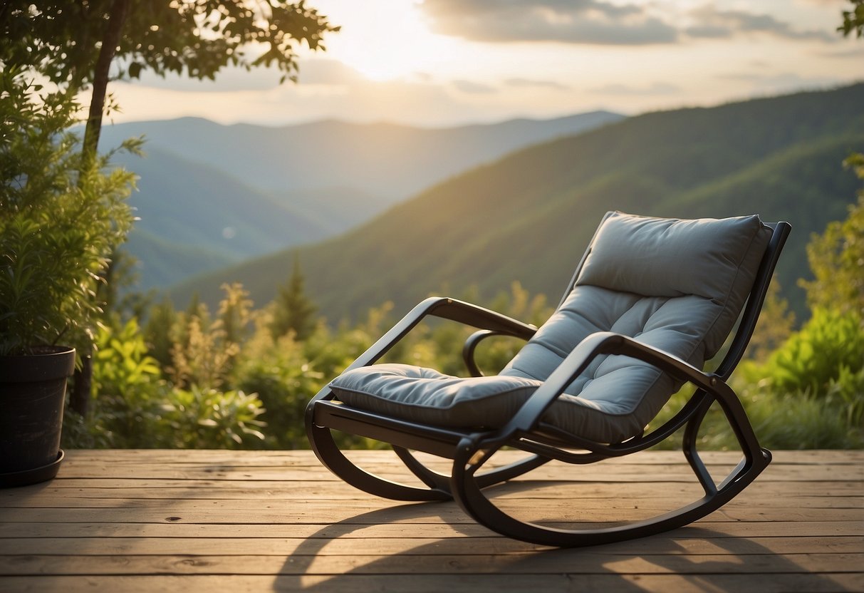 A serene outdoor setting with a GCI Outdoor Pod Rocker chair surrounded by nature, perfect for yoga and relaxation