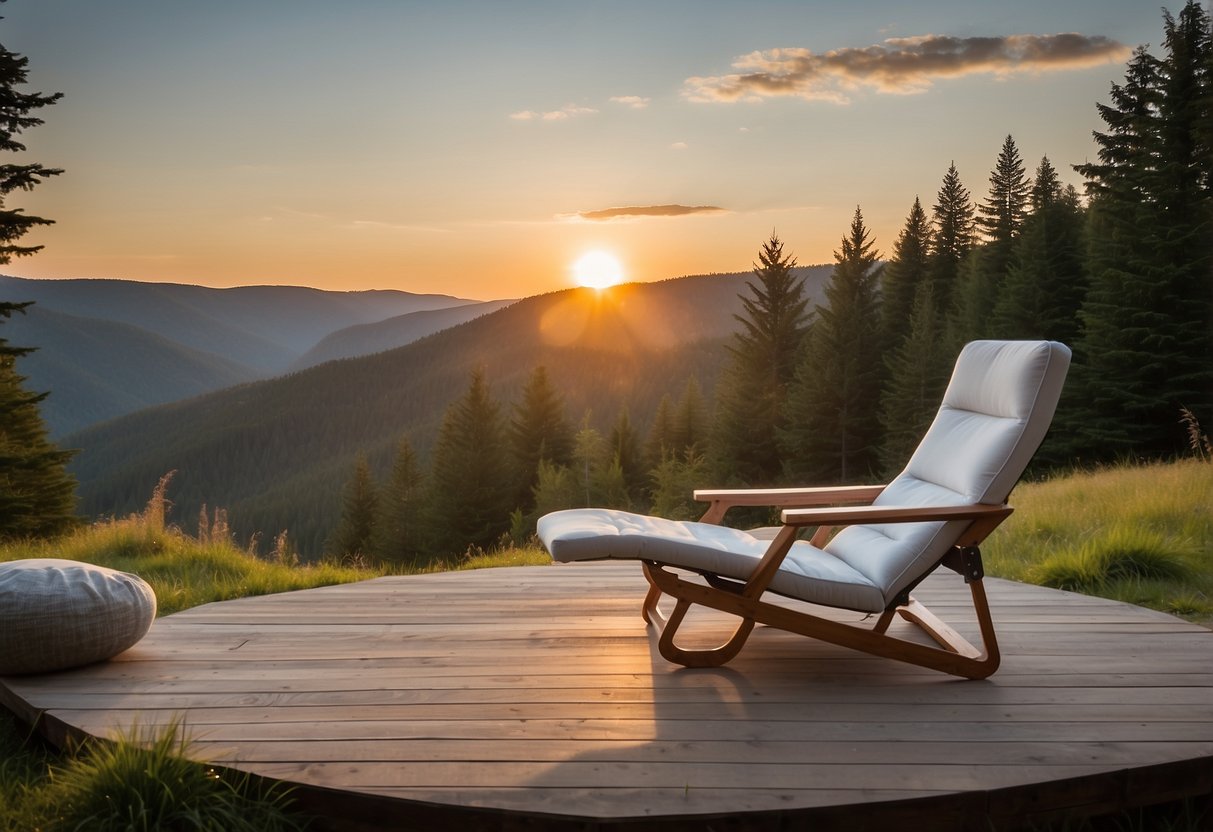 A NEMO Stargaze Recliner 5 sits on a serene outdoor yoga platform, surrounded by nature. The lightweight chair beckons relaxation and stargazing