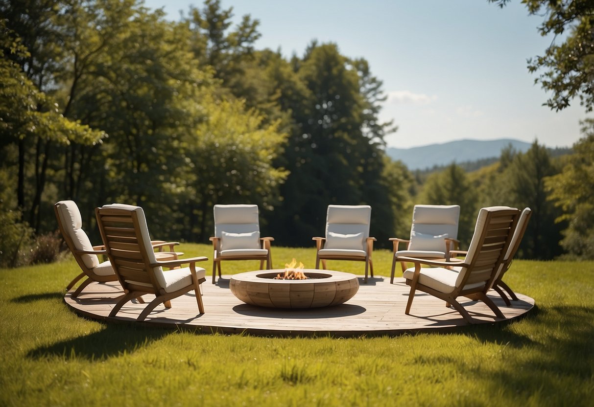 A serene outdoor setting with 5 different lightweight yoga chairs arranged in a circle, surrounded by nature and bathed in natural light