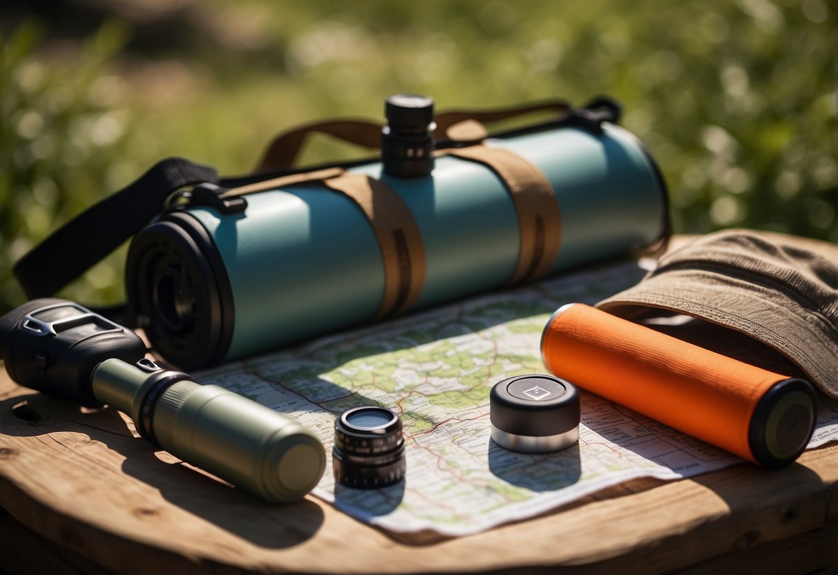 A serene outdoor setting with a yoga mat surrounded by a compass, map, GPS device, water bottle, sunblock, hat, sunglasses, insect repellent, first aid kit, and whistle