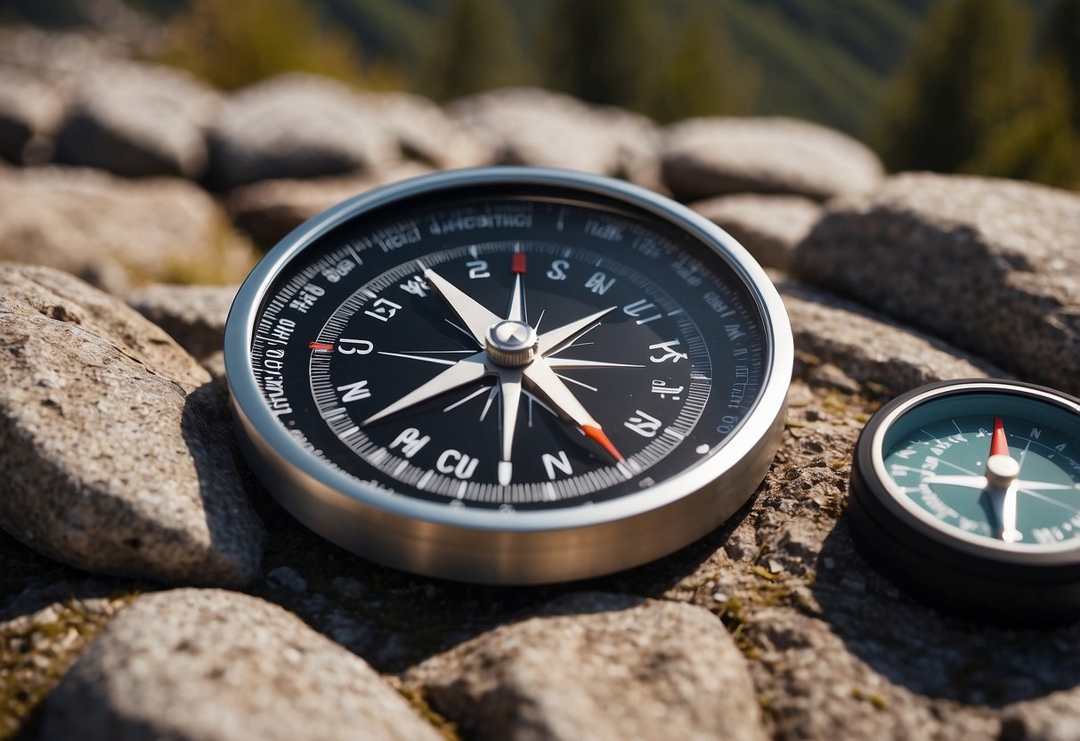 A compass, map, GPS, and other navigation tools spread out on a rocky outdoor yoga mat. Surrounding landscape includes mountains and a clear blue sky