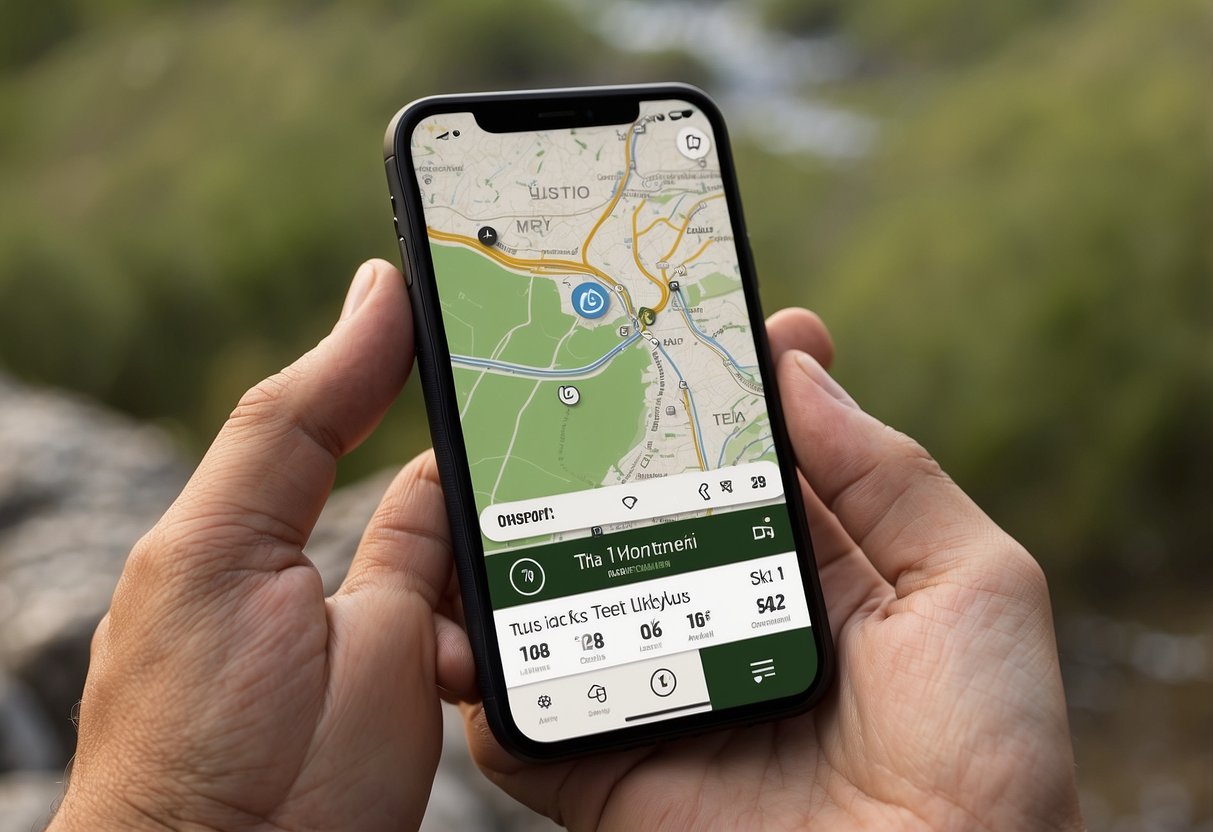 A smartphone with the Topo Maps+ app open, showing essential navigation tools for outdoor yoga trips, surrounded by a serene natural landscape