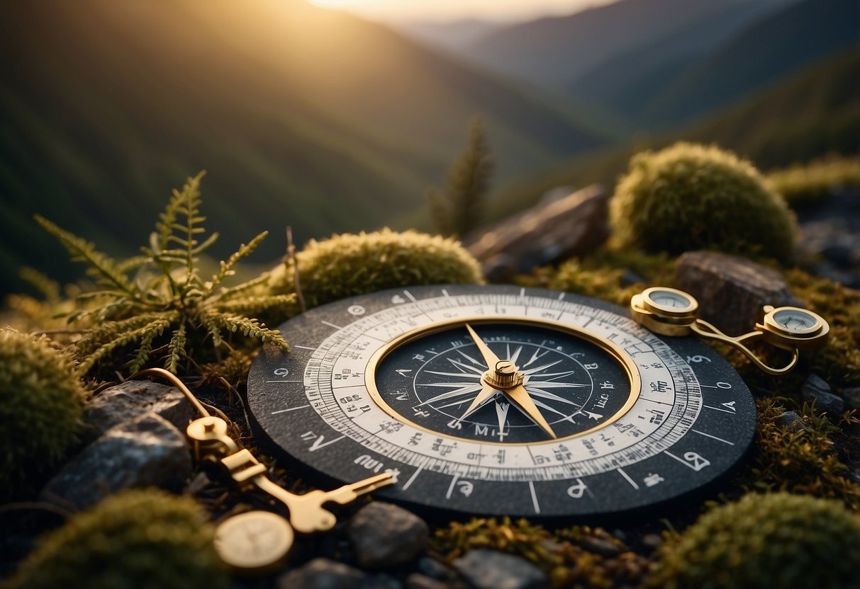 A star chart lays open on a mossy rock, surrounded by a compass, map, and other navigation tools. The evening sky is filled with twinkling stars, providing a serene backdrop for outdoor yoga