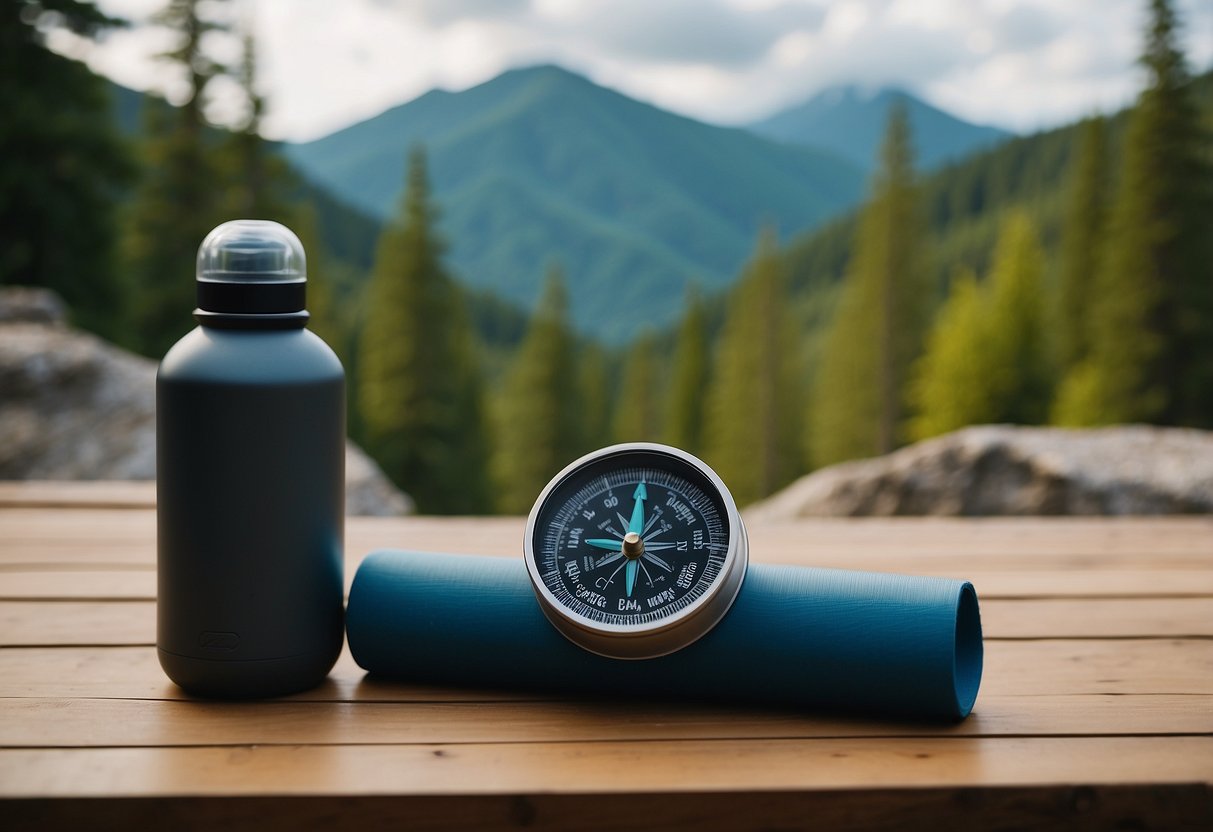 A compass resting on a map with a yoga mat and water bottle nearby, surrounded by trees and mountains in the background