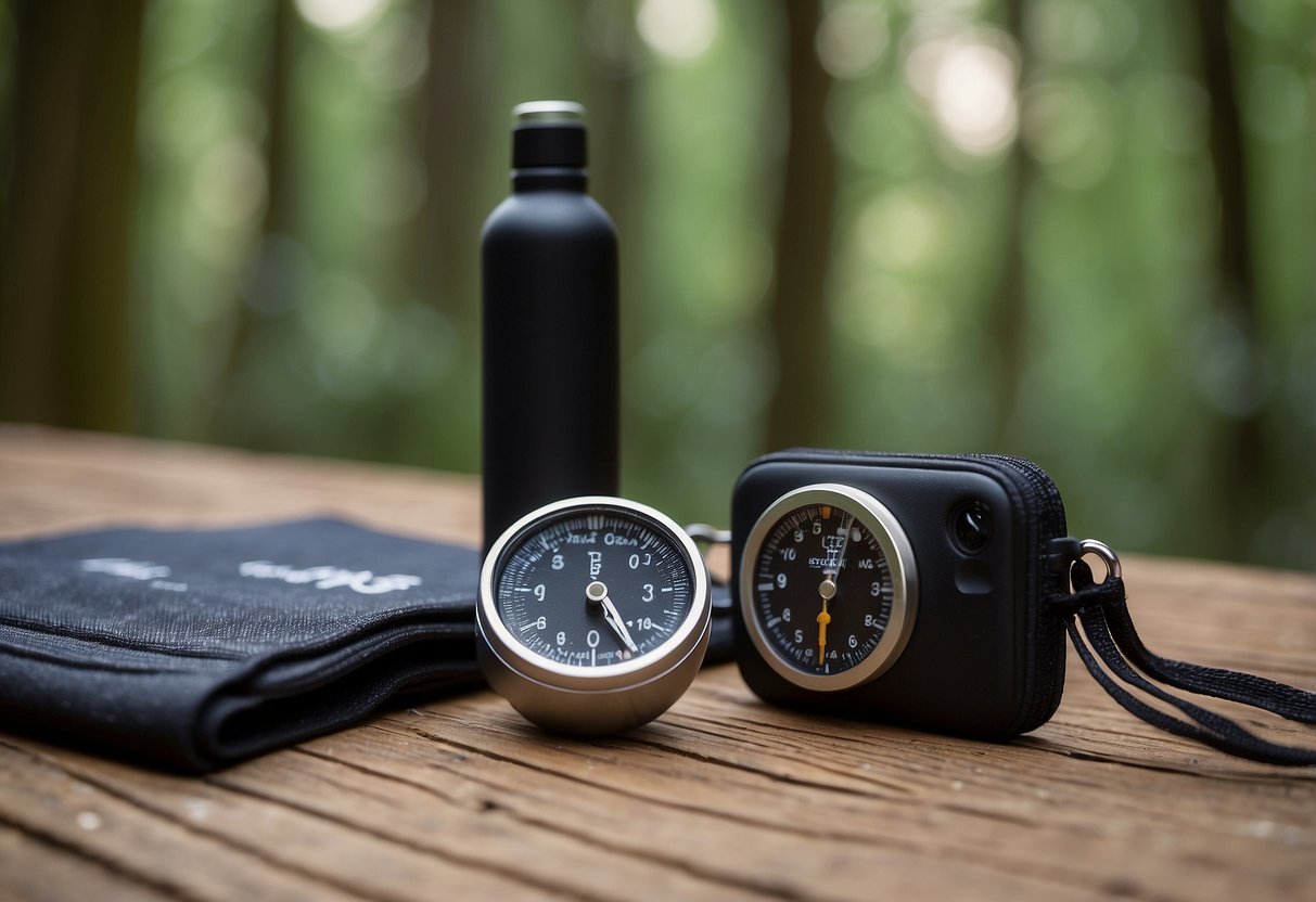 A small GPS device sits on a yoga mat surrounded by essential outdoor navigation tools like a compass, map, and water bottle