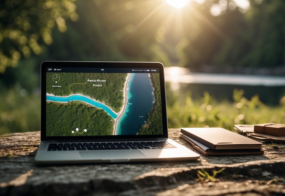 The Avenza Maps app displays a serene outdoor yoga spot with essential navigation tools overlaying the map. The sun shines on a grassy clearing surrounded by trees and a winding river