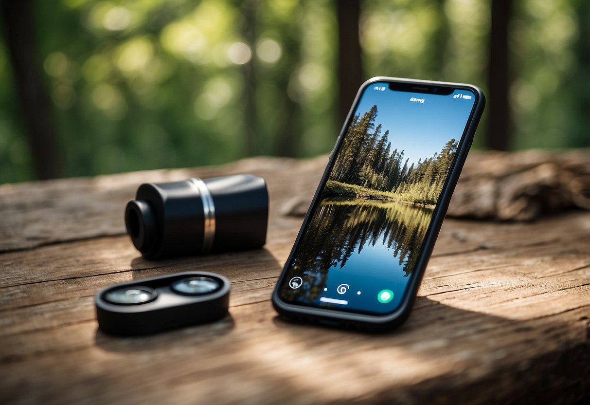 A smartphone with a compass app open, surrounded by a lush forest and a clear blue sky, with a yoga mat and water bottle nearby