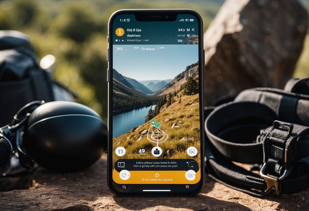 A smartphone displaying Gaia GPS app with essential navigation tools, surrounded by outdoor yoga gear and natural scenery