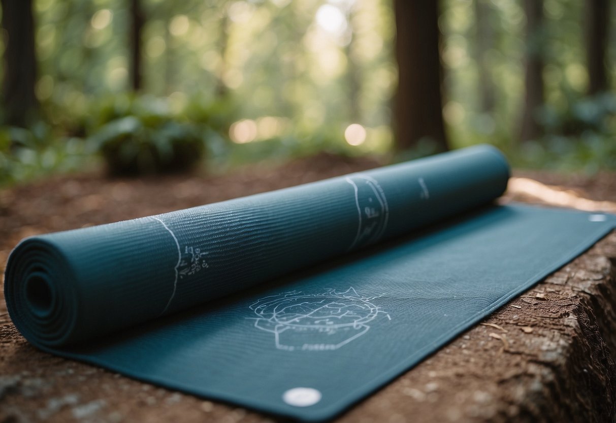 A serene outdoor space with a yoga mat, surrounded by nature. Essential navigation tools like a compass, map, and GPS are laid out nearby