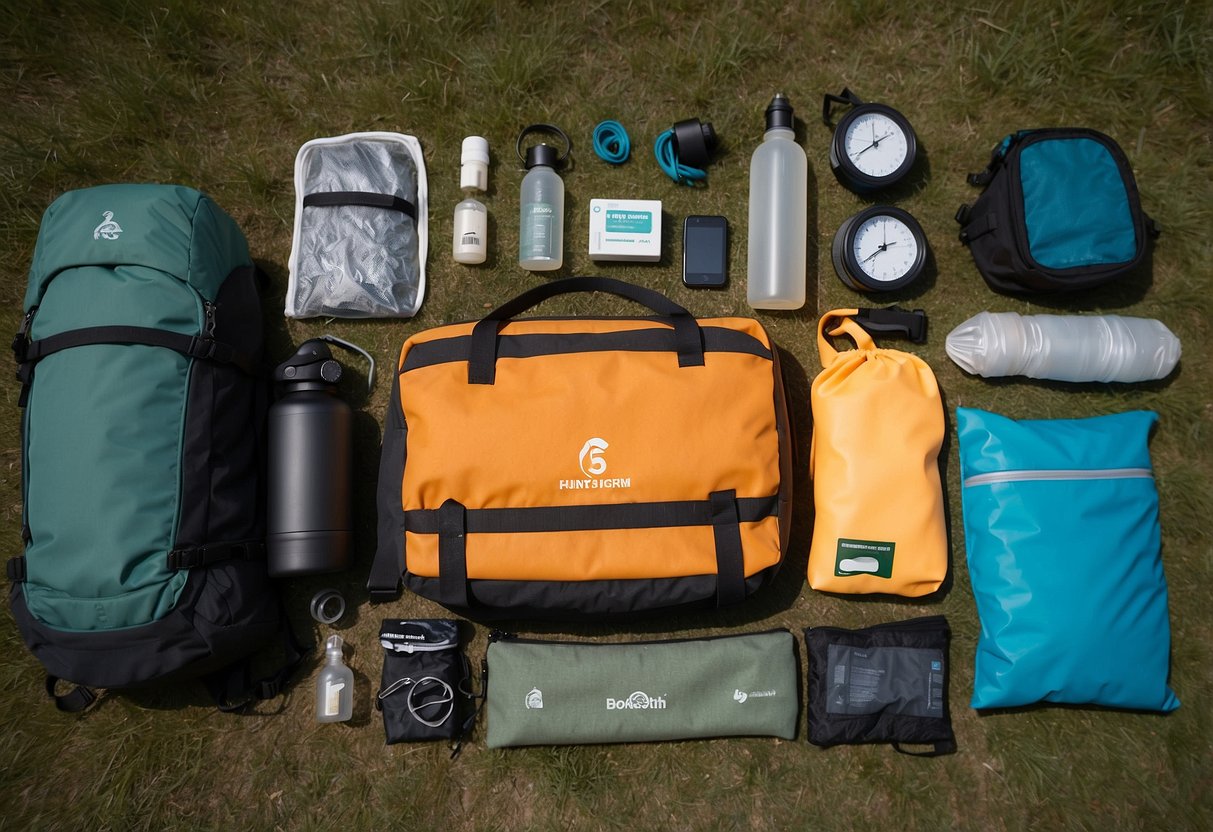 A yoga mat, water bottle, compass, map, headlamp, sunscreen, first aid kit, whistle, GPS device, and a backpack arranged in an outdoor setting