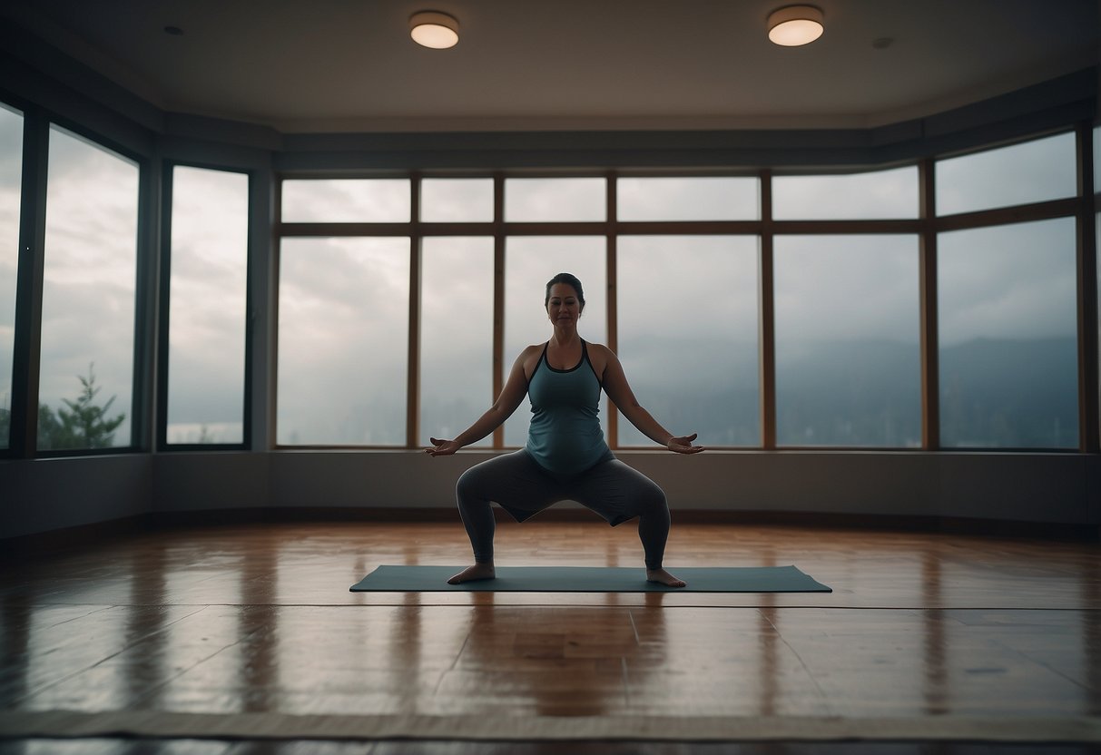 A storm rages outside as a figure practices yoga in a sturdy, well-lit room. The windows are closed and the surroundings are clutter-free, with a clear path to safety