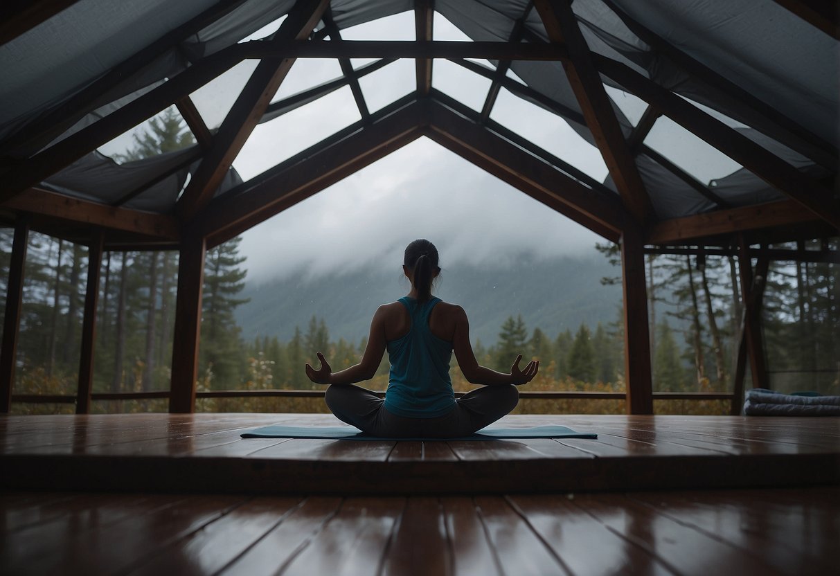 A person practices yoga inside a sturdy shelter during a storm, following safety tips