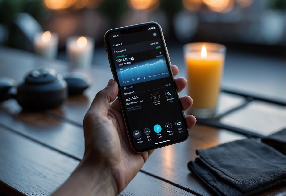 A person's hand holding a smartphone with a weather app open, while a yoga mat and a safety checklist are laid out nearby