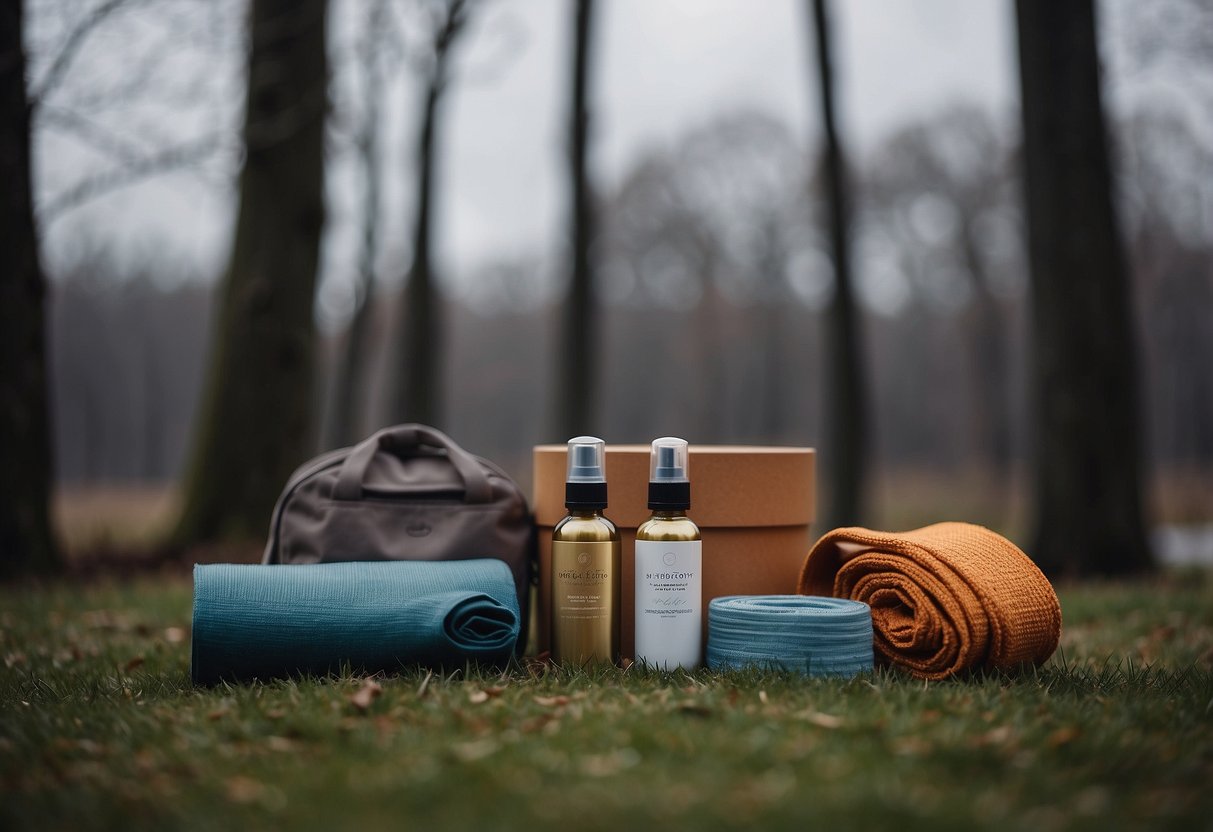 Yoga props stored safely, secured from strong winds. Tips for storm safety displayed nearby