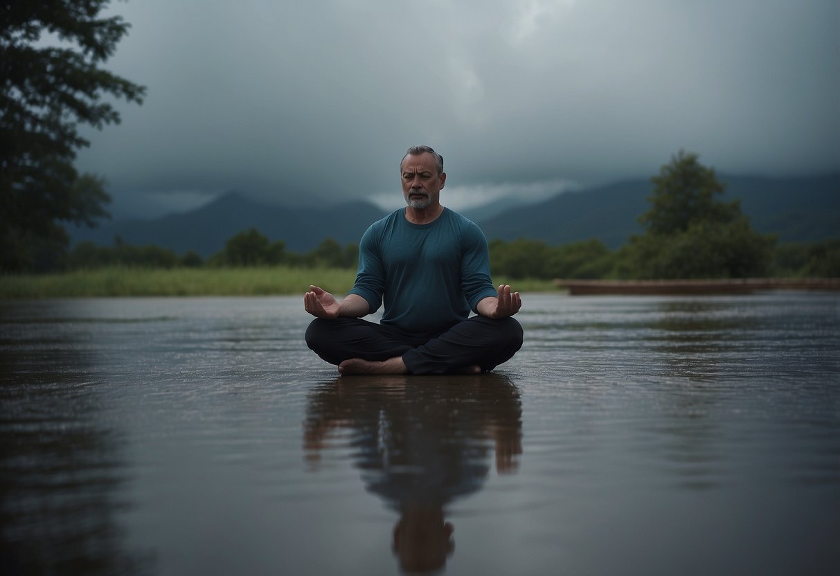 A serene figure practices low-impact yoga amid a storm, surrounded by safety measures