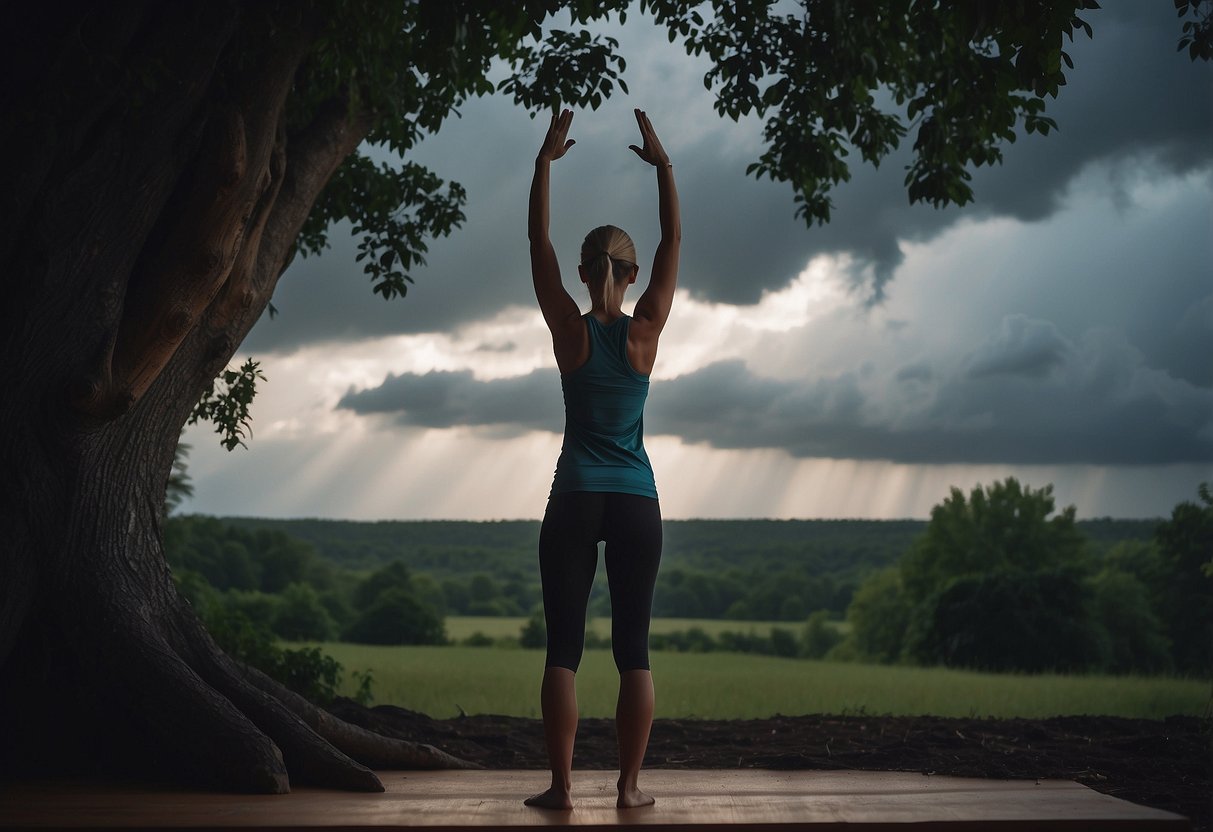 A figure in tree pose, surrounded by storm clouds and lightning. A sturdy shelter in the background provides safety during the yoga practice