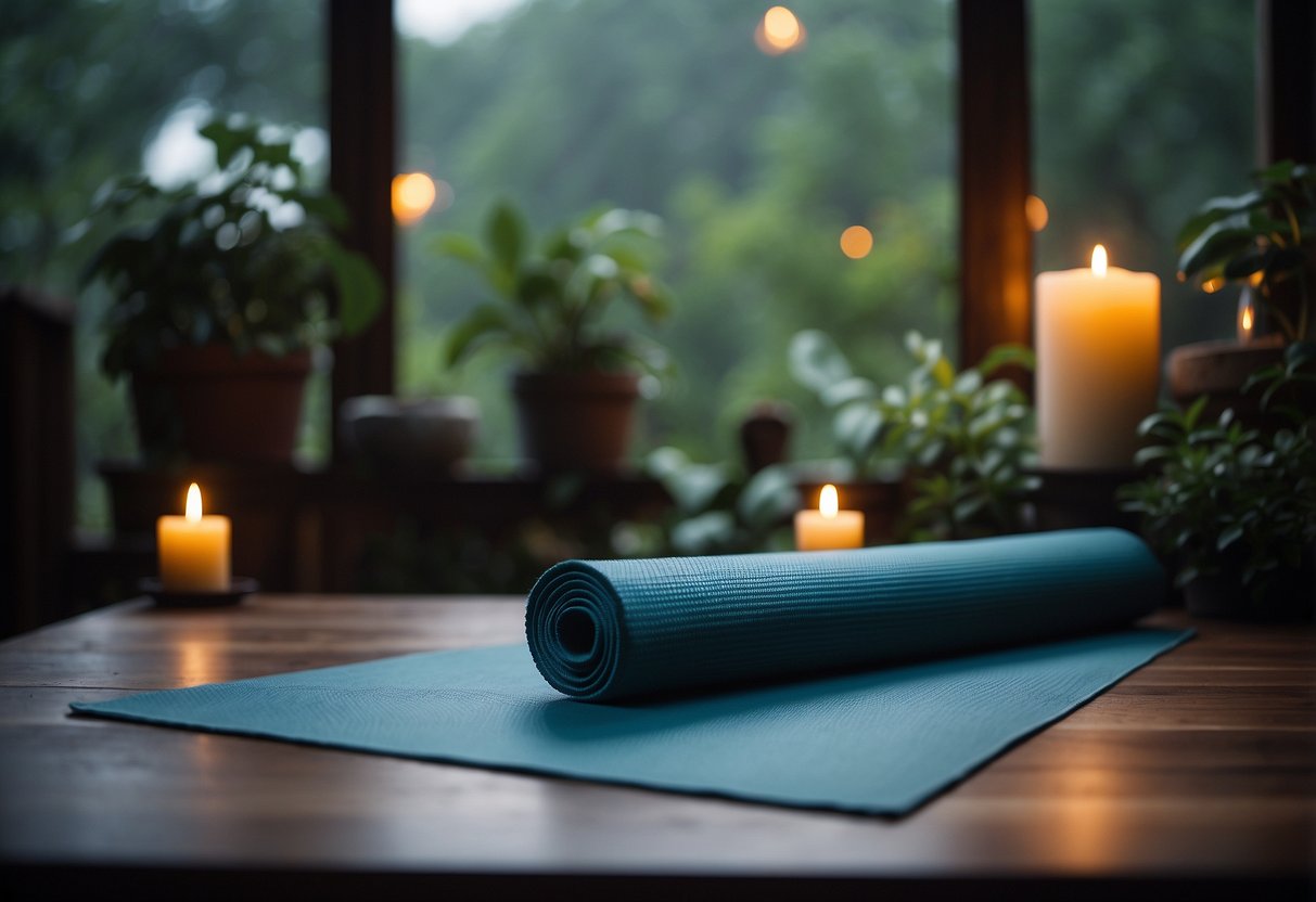 A serene yoga mat placed in a safe, sheltered area during a storm. Surrounding the mat are calming elements such as candles, plants, and soft music playing in the background