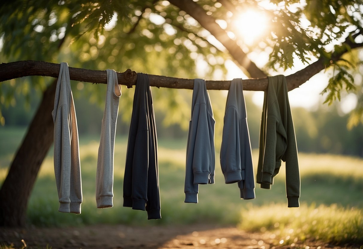 A group of yoga jackets hanging on a tree branch in a serene outdoor setting, with sunlight filtering through the leaves