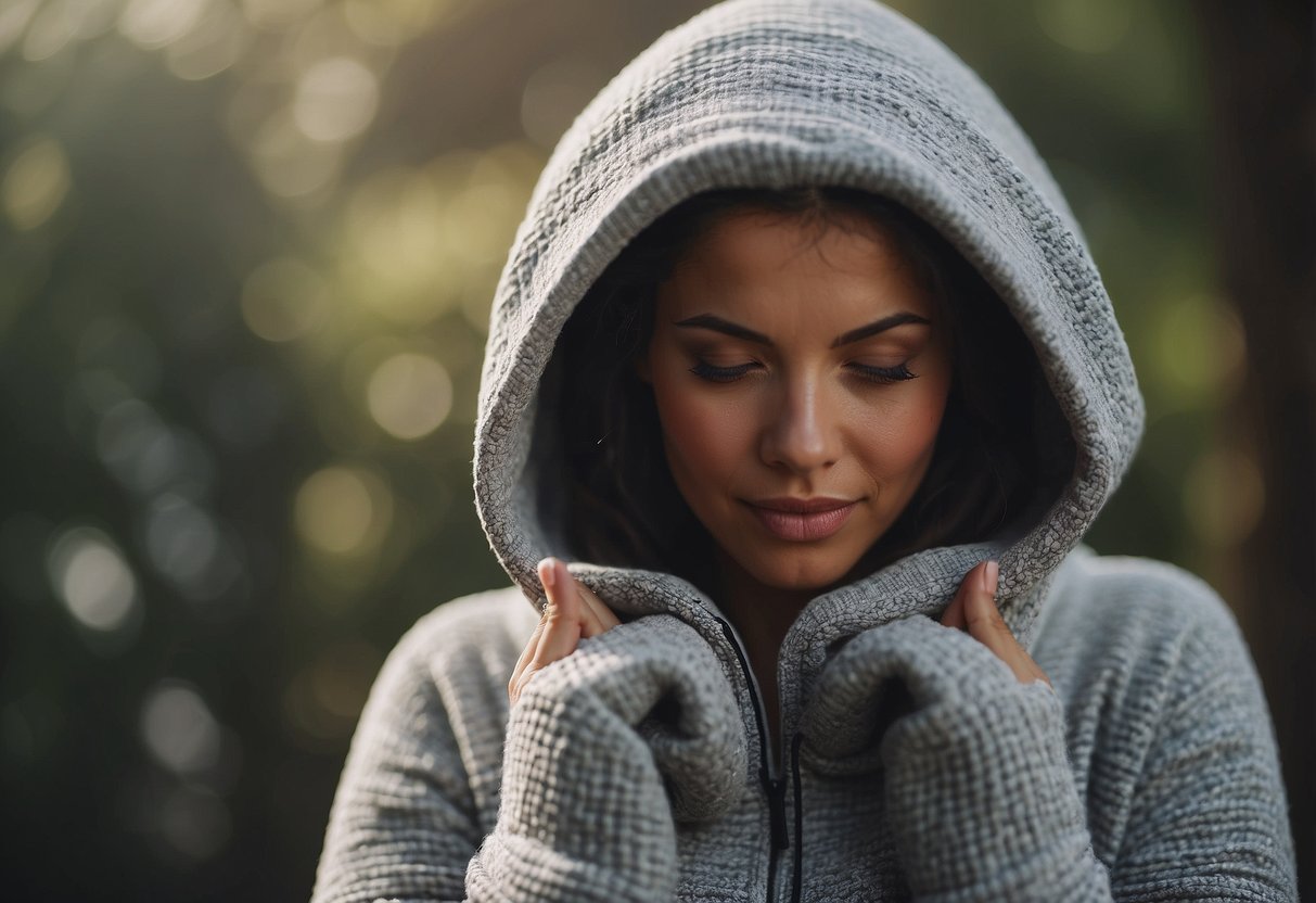 A figure in a CloudKnit Hoodie practices yoga outdoors in a lightweight jacket