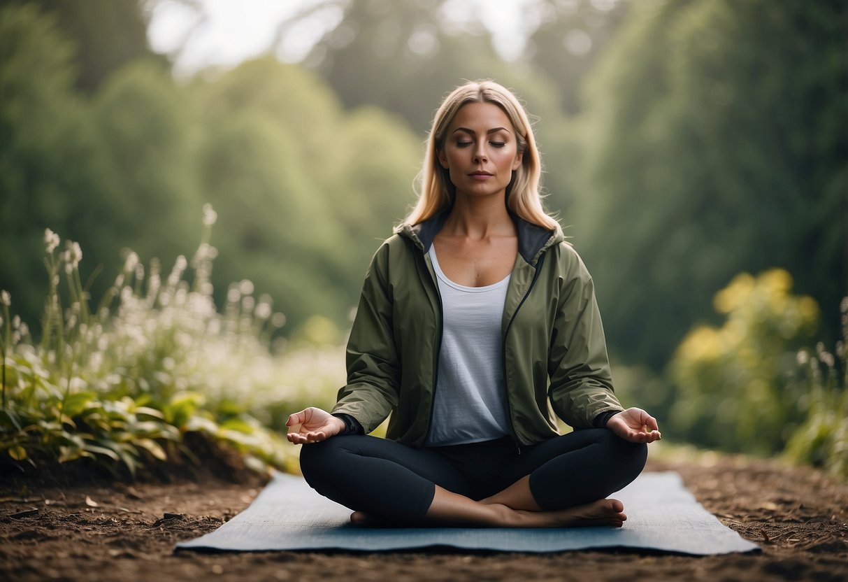 A serene outdoor yoga setting with a person wearing a lightweight jacket, surrounded by nature and feeling comfortable and unrestricted