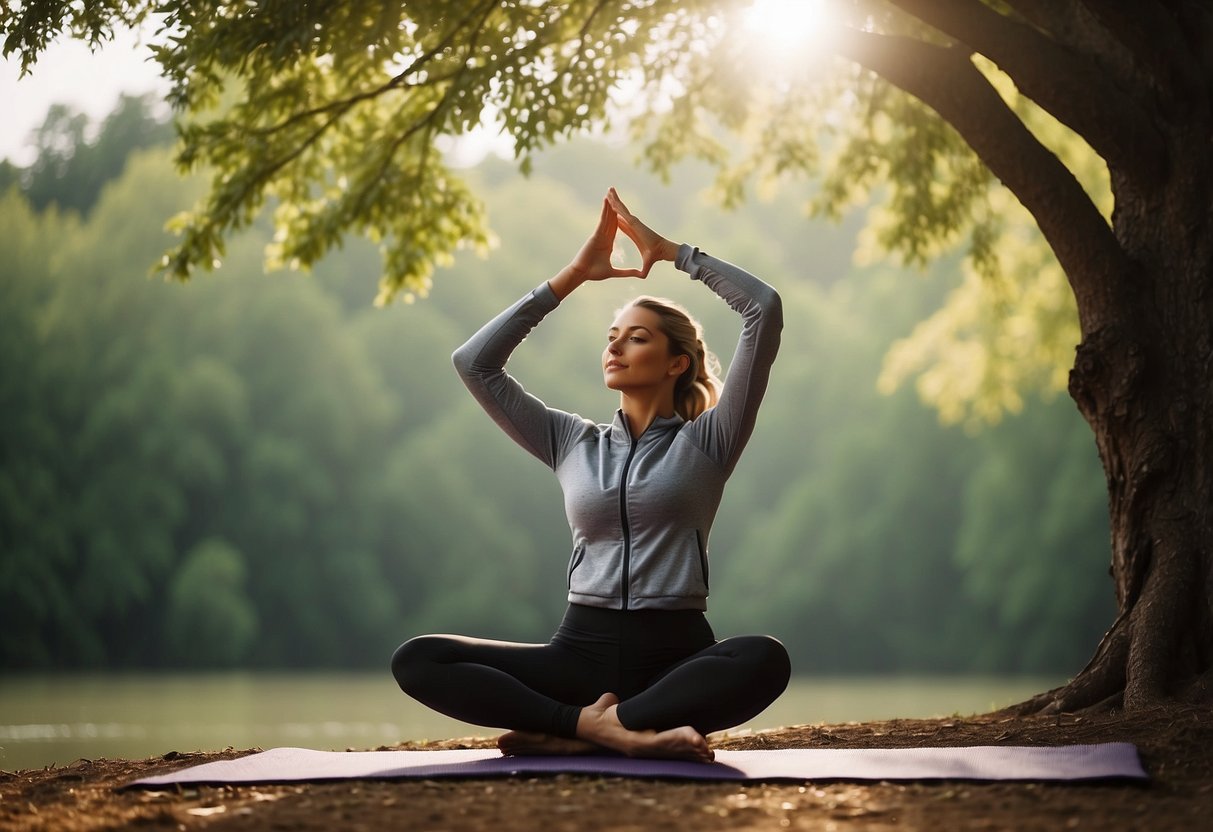 A serene outdoor yoga session with a lightweight jacket hanging on a tree branch, surrounded by nature and a peaceful atmosphere