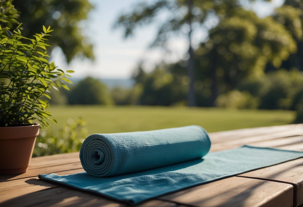 A serene outdoor setting with a yoga mat, water bottle, and towel. Lush greenery and a clear blue sky create a peaceful atmosphere for post-yoga recovery