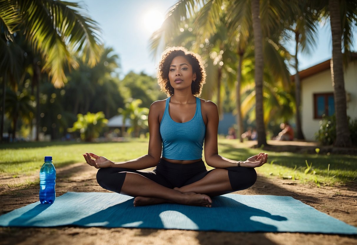 A person sits cross-legged on a yoga mat outdoors, with a bottle of coconut water beside them. Trees and a clear blue sky form the backdrop